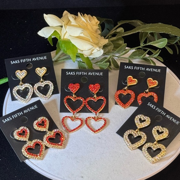 Saks Fifth Avenue Gold Tone Dangling Heart  Red Crystal Post Earrings 1.5in - Picture 8 of 12